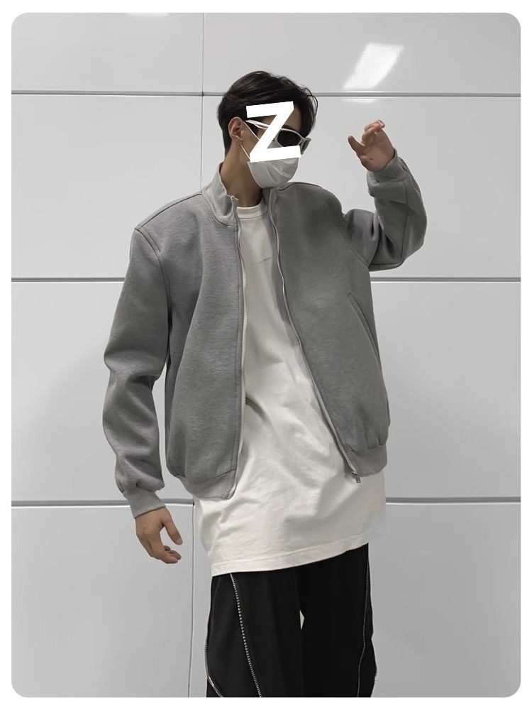 Jungen Herbst Lässige Strickjacke mit gepolsterten Schultern Graue Jacke Herren Lockerer Schnitt Internet Promi Hochwertig Kurzer Stehkragen Sport_voghion.com