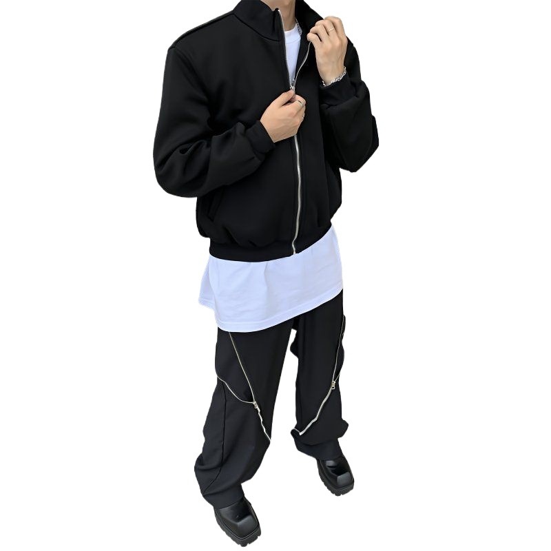 Jungen Herbst Lässige Strickjacke mit gepolsterten Schultern Graue Jacke Herren Lockerer Schnitt Internet Promi Hochwertig Kurzer Stehkragen Sport_voghion.com