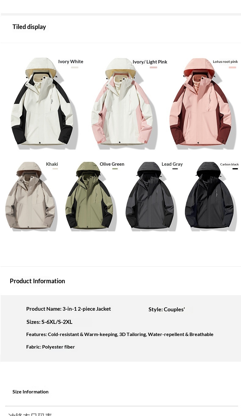 Boy Outdoor 3-in-1 Jacke für Damen und Herren, Paar-Wanderanzug, winddicht, wasserdicht, atmungsaktiv, wasserabweisend_voghion.com