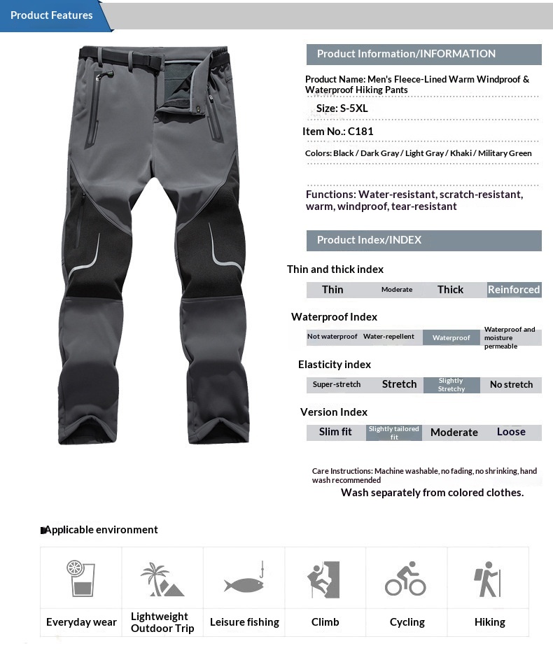 Boy Boy Pants für Damen und Herren, fleecegefütterte, dicke, winddichte Softshellhose für den Winter, C181 Outdoor-Wanderhose, strapazierfähig_voghion.com
