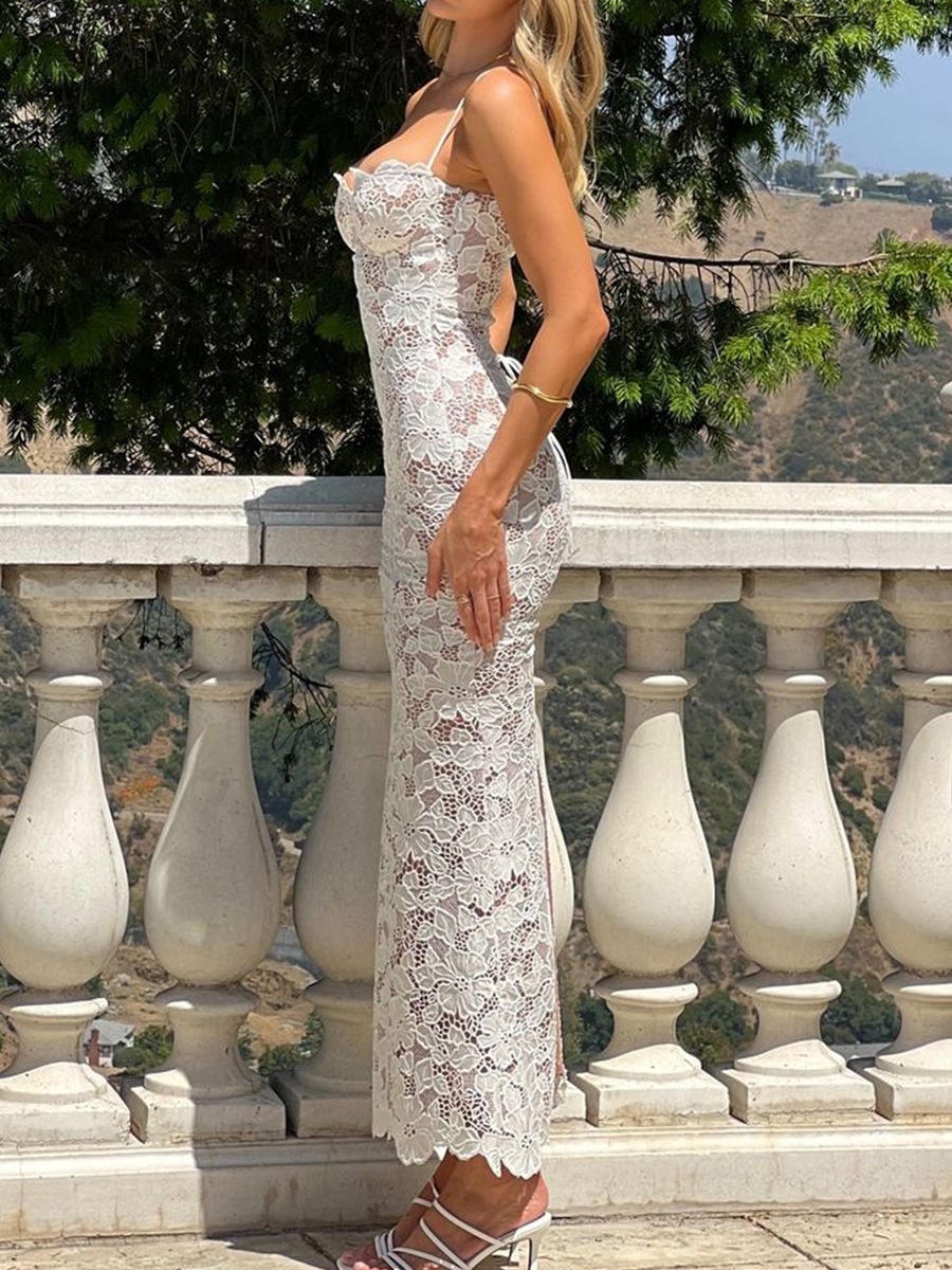 ChicShe ChicShe European And American Lace Bodycon Strap Sexy Backless Slit Long Dress Elegant Gown High-end Feel_voghion.com