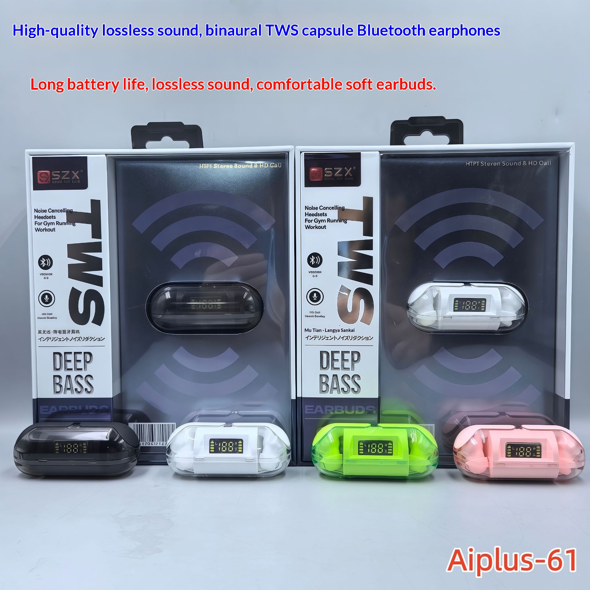 Écouteurs Bluetooth sans fil NeoGear LYZ AI61 de haute qualité avec coque transparente, commandes tactiles et affichage numérique. Design Macaron._voghion.com