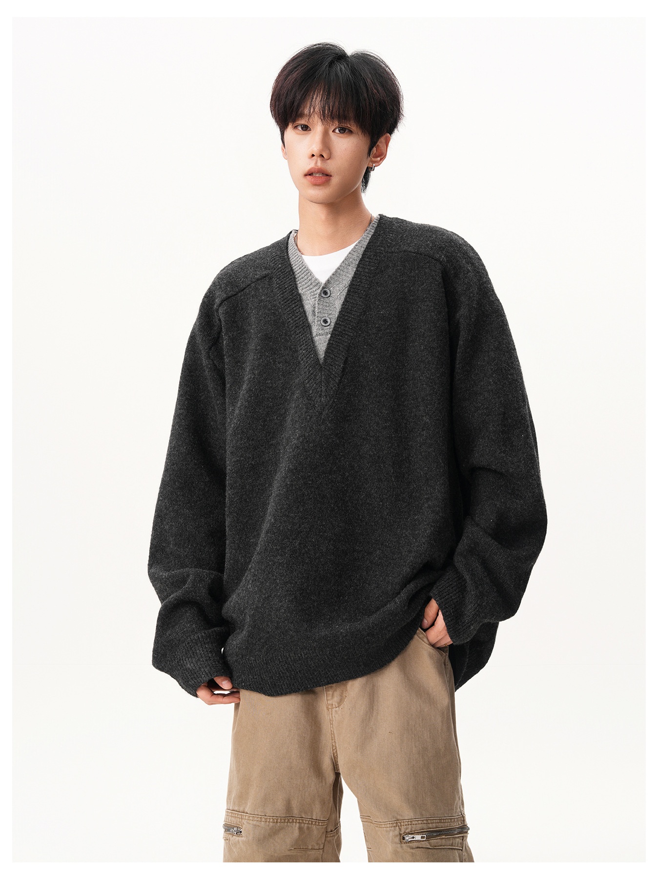 Pull-over deux pièces en maille à col en V pour homme, style rétro décontracté, manches longues, idéal pour l'automne et l'hiver._voghion.com