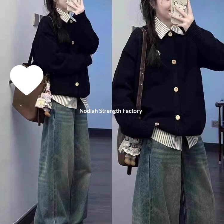 girl Girl Korean Style Patchwork Two-Piece College Collar Shirt Sweater Jacket Autumn Winter Polo Lazy Knitted Cardigan Black_voghion.com