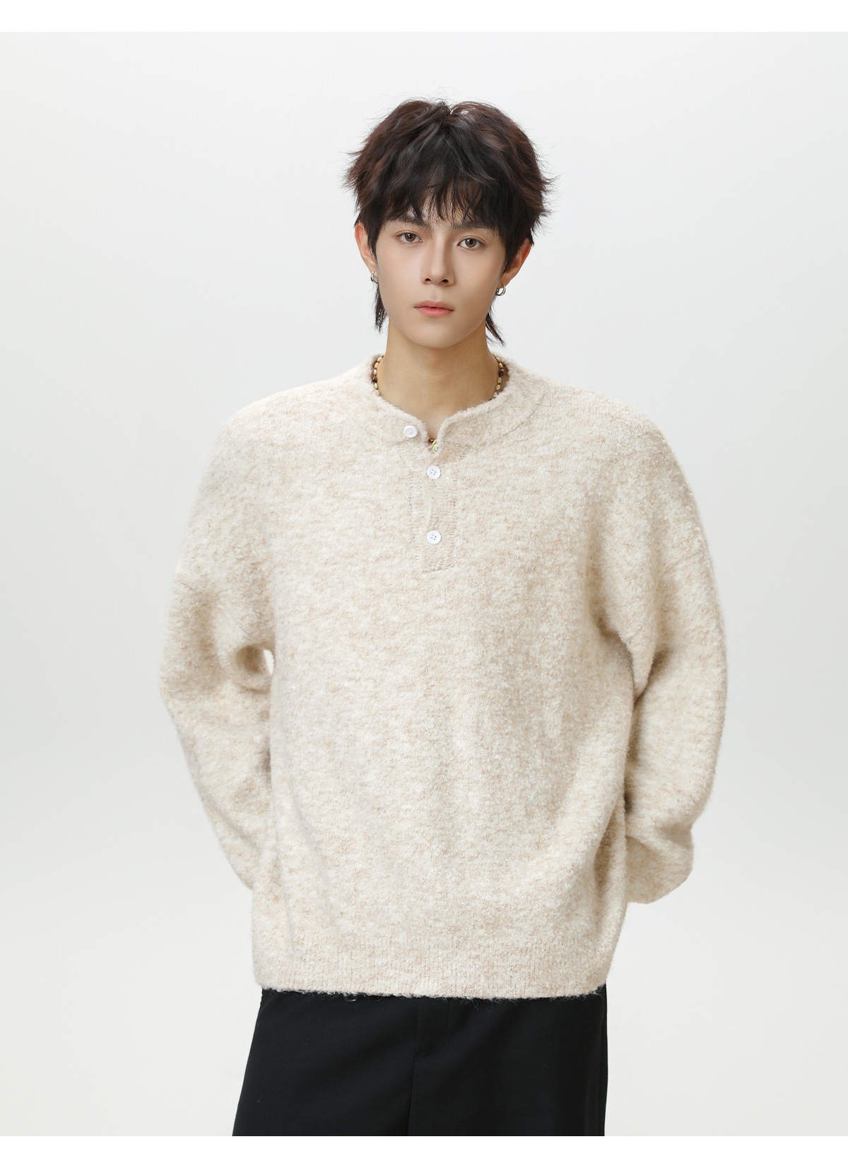 Pull polo en maille pour homme, style décontracté, coupe ample et chaude, idéal pour l'automne et l'hiver._voghion.com