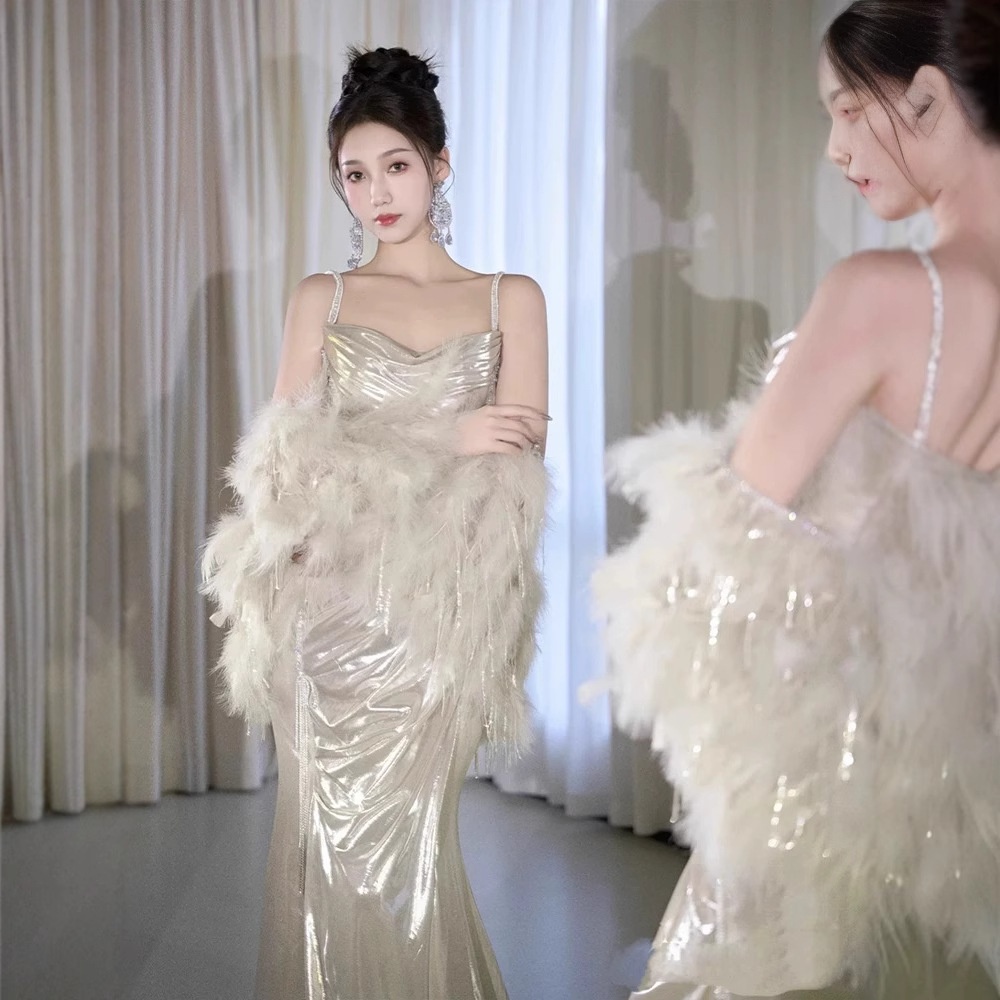 ChicShe ChicShe Light Gold Robe 2025 New Style High-End Feel Banquet Niche Birthday Strap Evening Dress_voghion.com