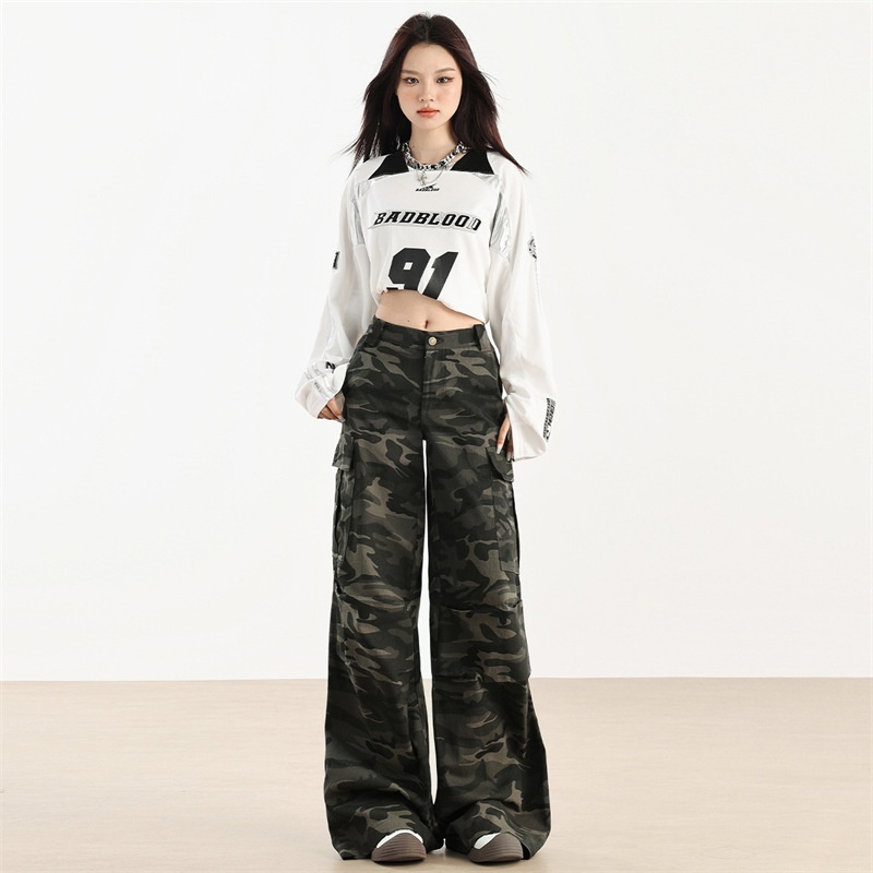 girl American Style Hot Girl Camouflage Cargo Jeans For Women, Autumn 2024 New Loose Slimming Retro High Waist Flared Pants_voghion.com