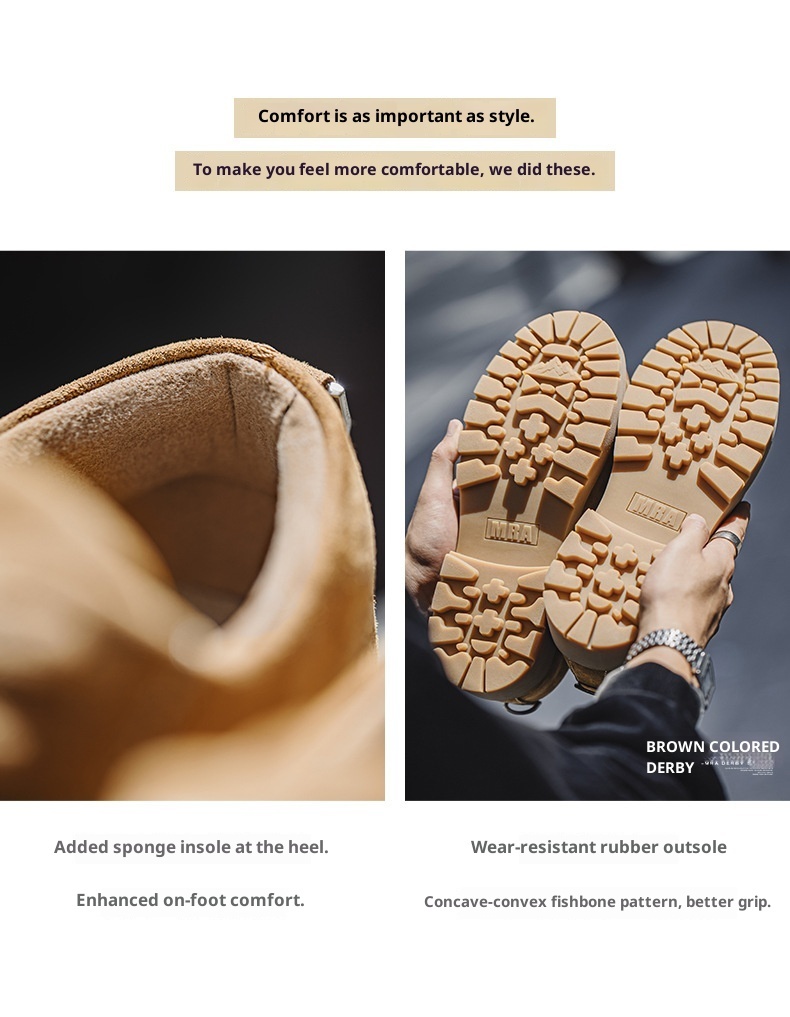 Voyage MRA Brown Derby Men's 2025 New Autumn Low-top Yellow Boots Thick Sole Height-increasing Big Toe Work Leather Shoes_voghion.com