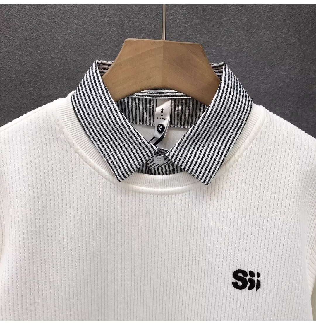 Junge, Herbstklassiker, schlicht, vielseitig, trendiges Herren-Zweiteiler-Shirt mit Streifen und Polokragen_voghion.com