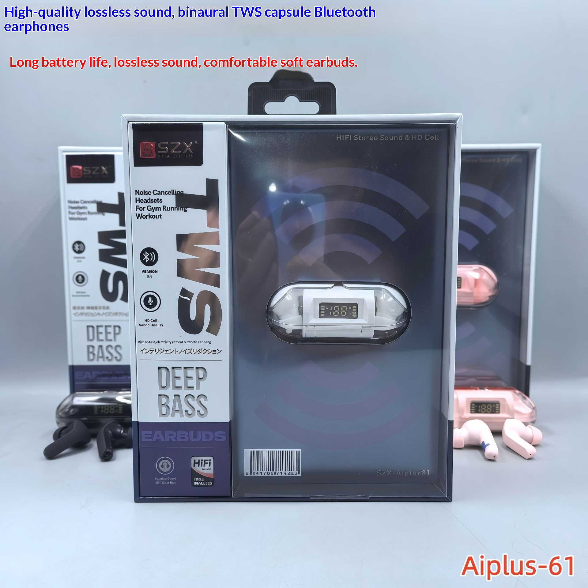 Écouteurs Bluetooth sans fil NeoGear LYZ AI61 de haute qualité avec coque transparente, commandes tactiles et affichage numérique. Design Macaron._voghion.com