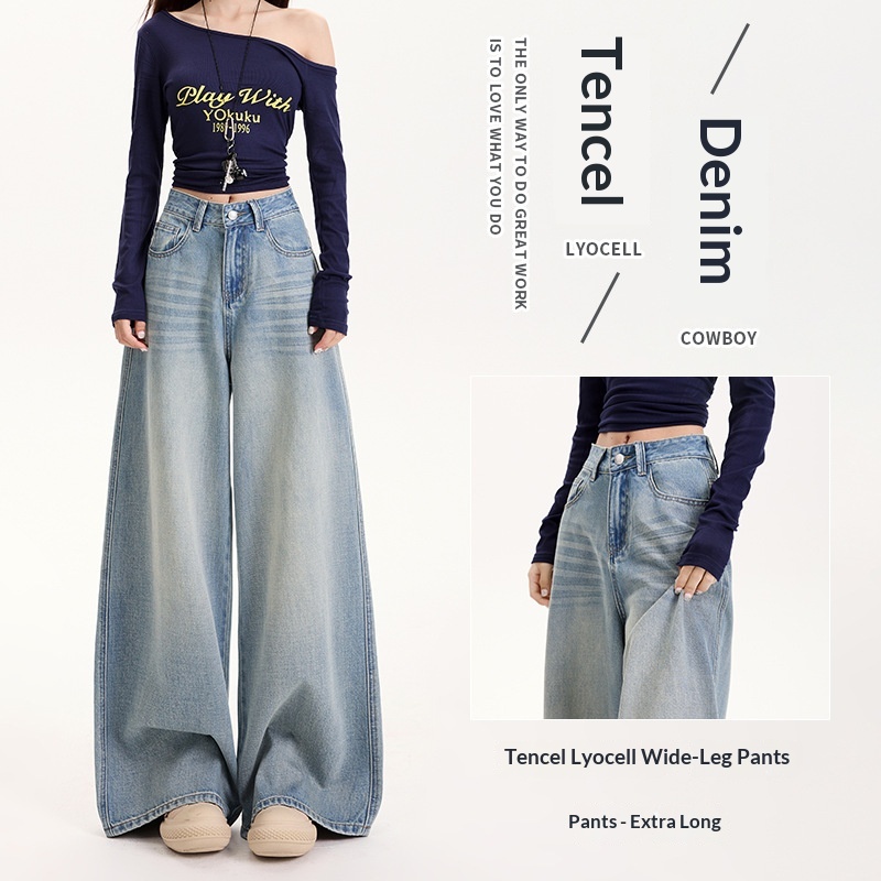 girl Nostalgic Blue Tencel A-Line Wide-Leg Jeans For Women Spring Summer 2025 New High-Waisted Slimming Concealing Elephant_voghion.com