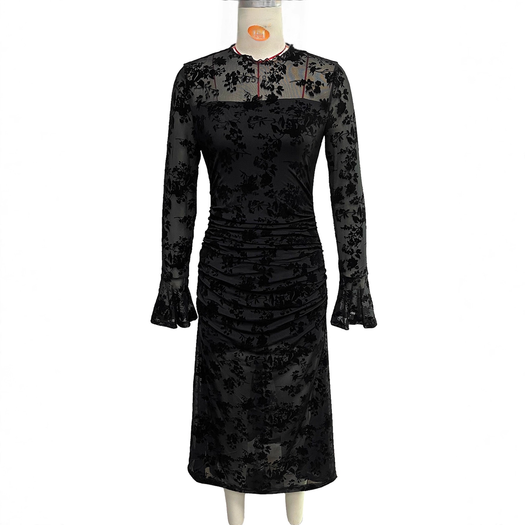 ChicShe ChicShe Robe sirène moulante en velours résille sexy à manches évasées, style chic et polyvalent, inspirée du style français de niche_voghion.com