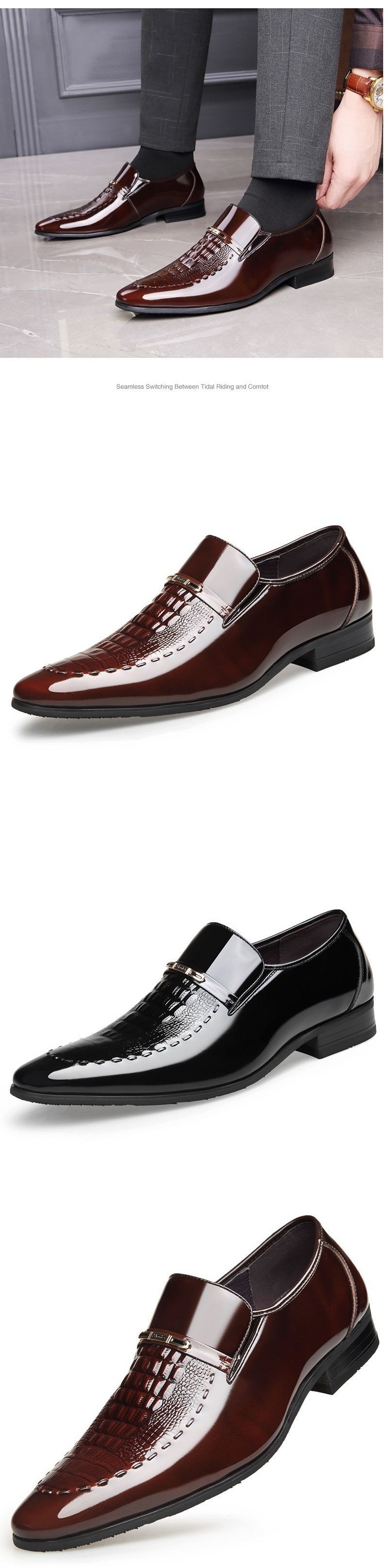 Zapatos de vestir Voyage de piel de cocodrilo con estampado de cocodrilo, punta estrecha, sin cordones, para hombre, talla extra grande_voghion.com