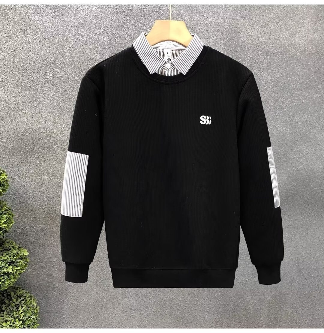 Junge, Herbstklassiker, schlicht, vielseitig, trendiges Herren-Zweiteiler-Shirt mit Streifen und Polokragen_voghion.com