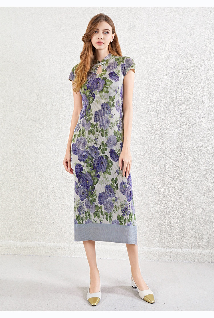 ChicShe ChicShe Chinese Style Pleated Printed Qipao For Women Summer New High-end Short Sleeve Waist-cinching Bodycon Long Dress_voghion.com