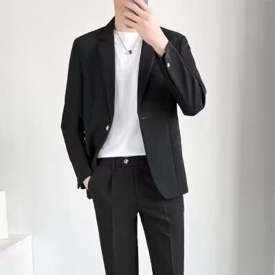 Jongens Heren Slim Fit Set Koreaanse Stijl Blazer Bruidegom Trouwpak Zakelijk Formeel Casual Nine-Tenths Broek_voghion.com