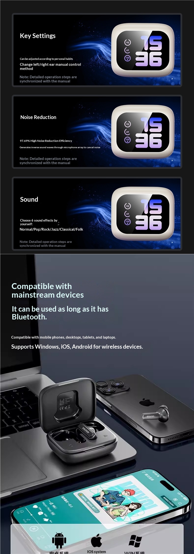 NeoGear NeoGear New LED Color Screen Control Smart AI Translation Bluetooth Earbuds In-Ear High Sound Quality Noise Cancelling Sports_voghion.com