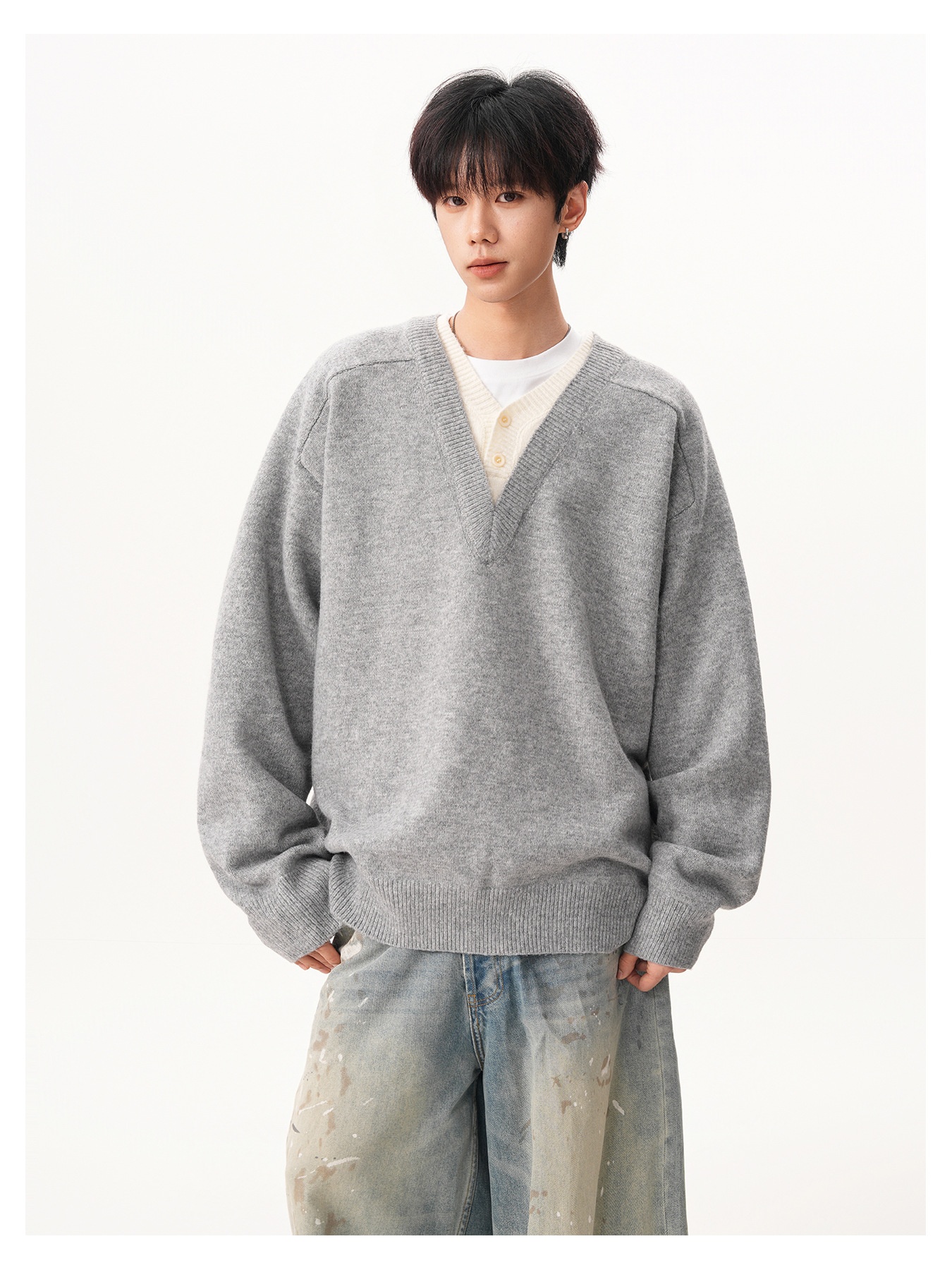 Pull-over deux pièces en maille à col en V pour homme, style rétro décontracté, manches longues, idéal pour l'automne et l'hiver._voghion.com