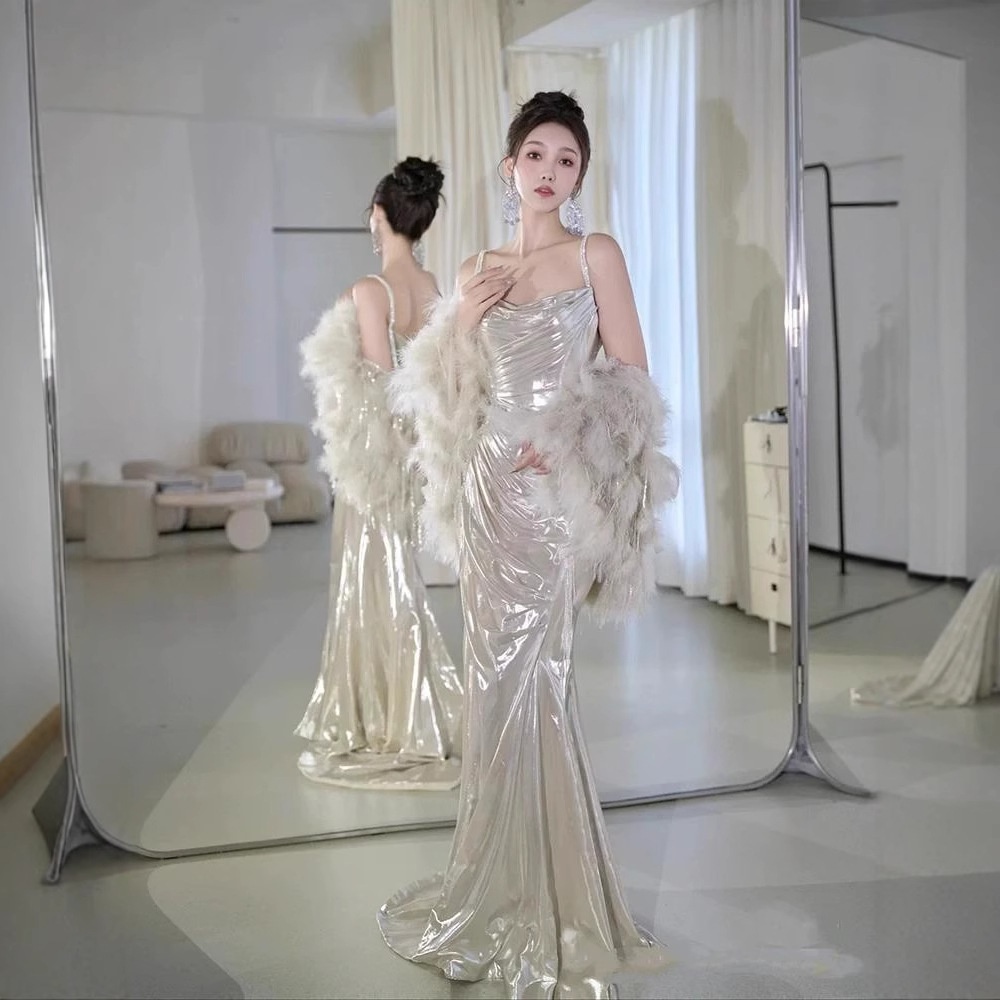 ChicShe ChicShe Light Gold Robe 2025 New Style High-End Feel Banquet Niche Birthday Strap Evening Dress_voghion.com