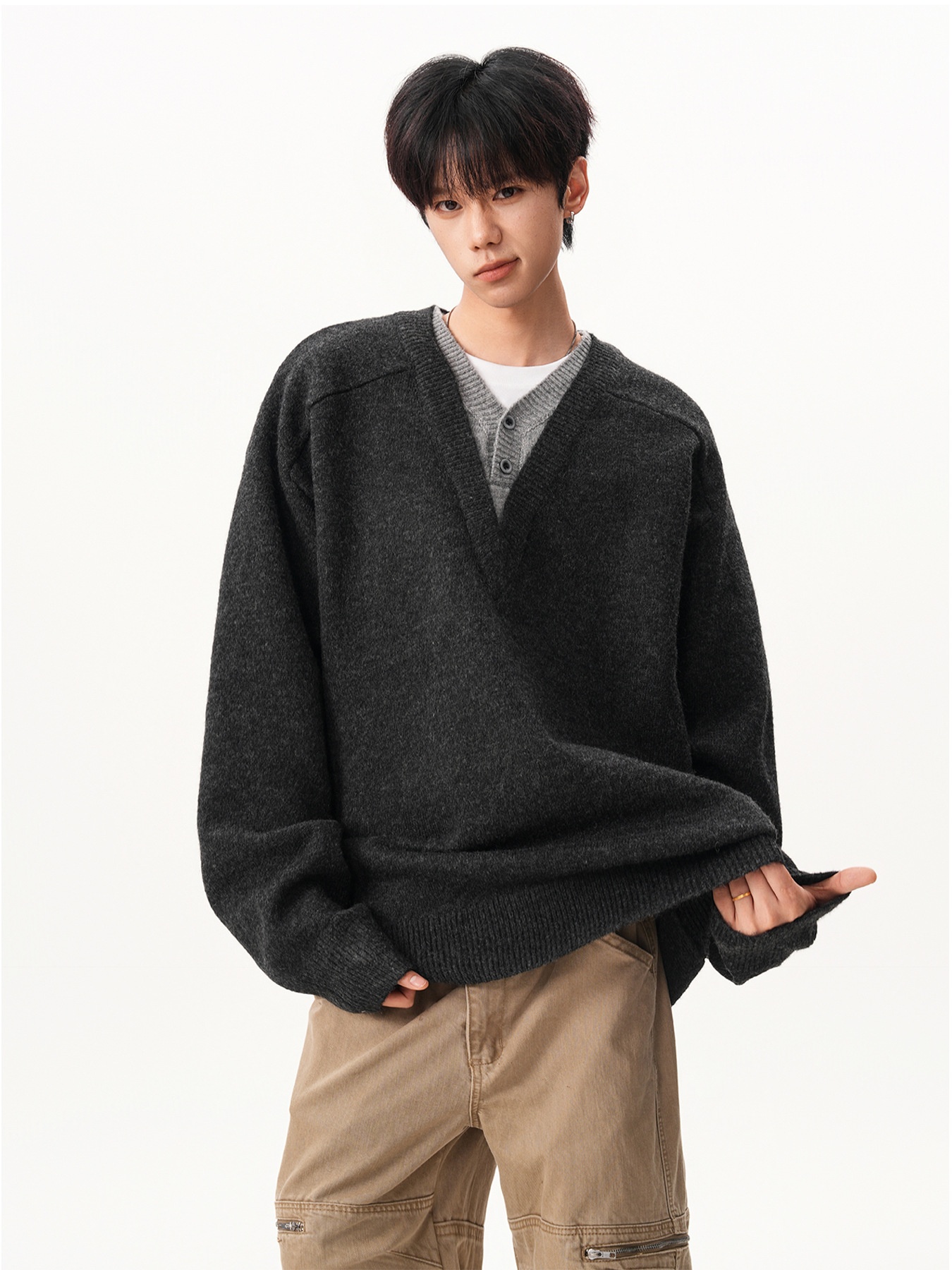 Pull-over deux pièces en maille à col en V pour homme, style rétro décontracté, manches longues, idéal pour l'automne et l'hiver._voghion.com