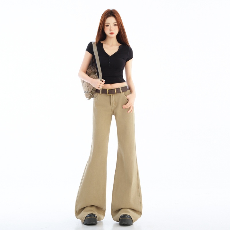 girl 5579 Khaki Flared Non-Skinny Jeans For Women American Retro Low Waist Slim Fit Long Pants_voghion.com