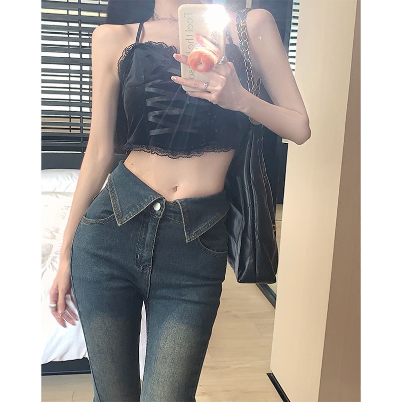 girl Spicy Girl Retro Cuffed Jean For Women, Spring And Autumn New Style, Petite Slim Fit Flared Pant, Floor-Length_voghion.com