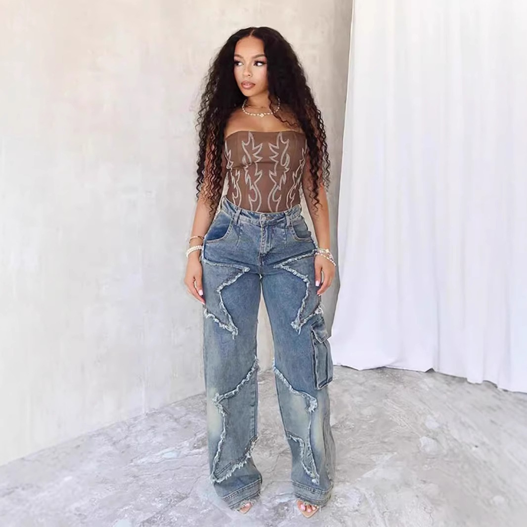girl 2025 Cross-Border Jeans Autumn Winter New Star Tassel Frayed Loose Straight Casual Long Pants For Women_voghion.com