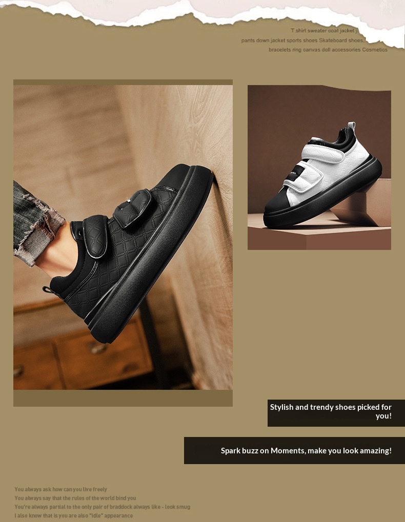 Voyage Voyage Velcro Loafers Casual Retro Sneakers Leather Thick Sole Height Increasing Fashion Trendy Men's Shoes_voghion.com