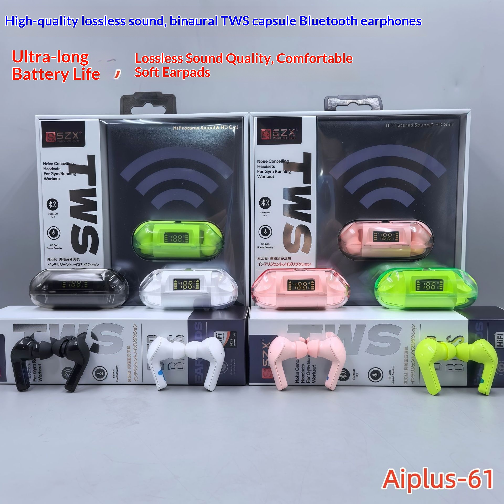 Écouteurs Bluetooth sans fil NeoGear LYZ AI61 de haute qualité avec coque transparente, commandes tactiles et affichage numérique. Design Macaron._voghion.com