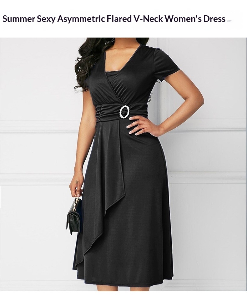 ChicShe Summer Sexy Asymmetric Flared V-neck Women's High Waist Mid-length Dress Solid Color Evening Gown_voghion.com