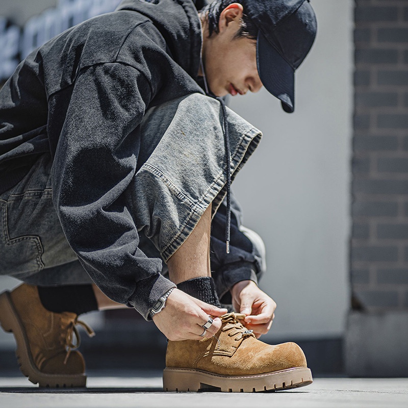 Voyage MRA Brown Derby Men's 2025 New Autumn Low-top Yellow Boots Thick Sole Height-increasing Big Toe Work Leather Shoes_voghion.com