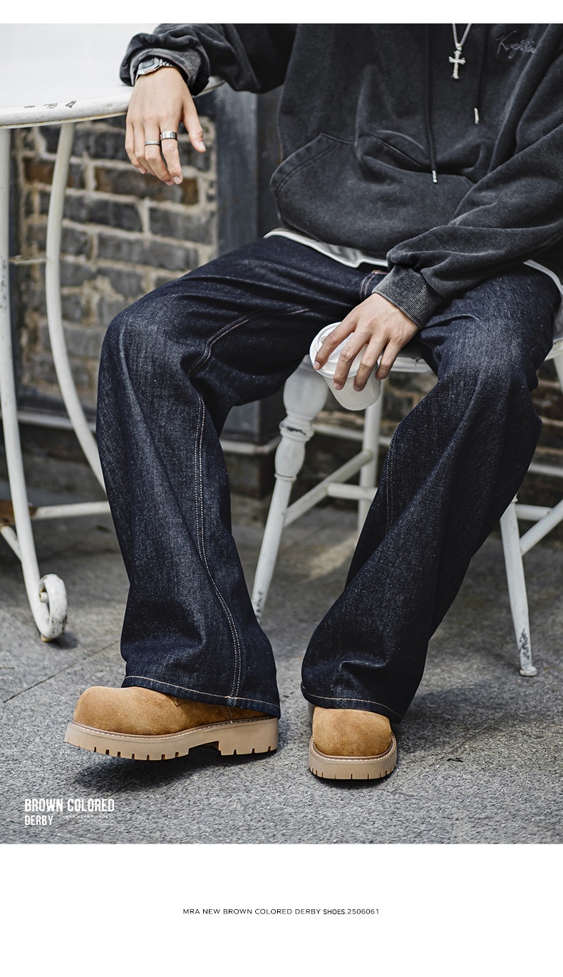 Voyage MRA Brown Derby Men's 2025 New Autumn Low-top Yellow Boots Thick Sole Height-increasing Big Toe Work Leather Shoes_voghion.com