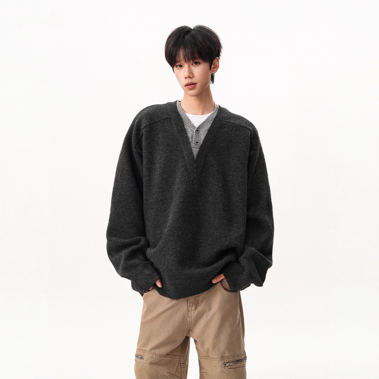 Pull-over deux pièces en maille à col en V pour homme, style rétro décontracté, manches longues, idéal pour l'automne et l'hiver._voghion.com