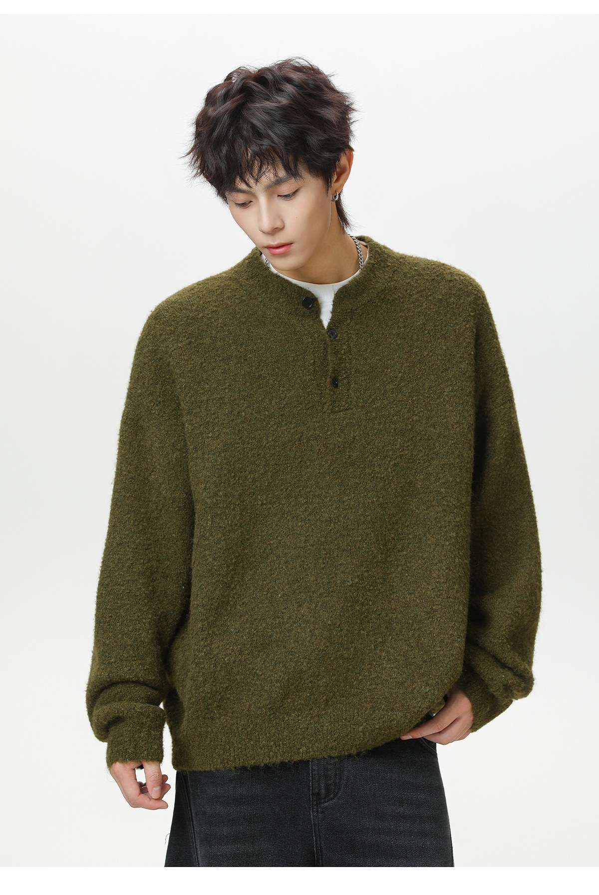 Pull polo en maille pour homme, style décontracté, coupe ample et chaude, idéal pour l'automne et l'hiver._voghion.com