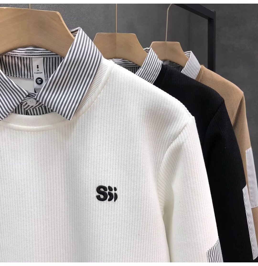 Junge, Herbstklassiker, schlicht, vielseitig, trendiges Herren-Zweiteiler-Shirt mit Streifen und Polokragen_voghion.com