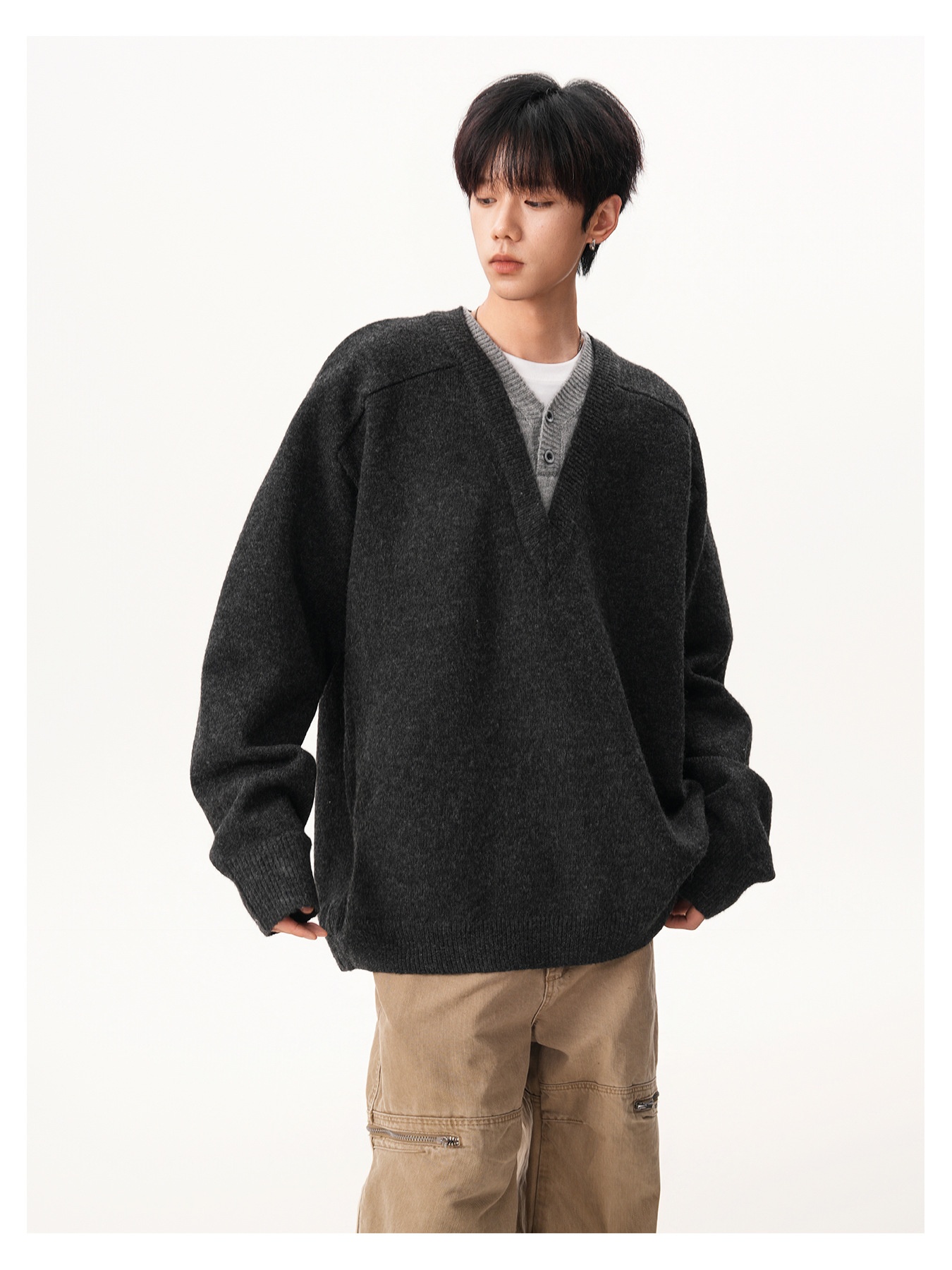 Pull-over deux pièces en maille à col en V pour homme, style rétro décontracté, manches longues, idéal pour l'automne et l'hiver._voghion.com