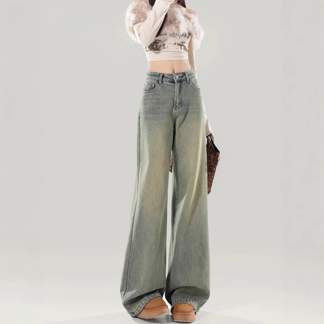 girl High Waist Jeans Women 2024 New Autumn Winter Loose Slimming Flared Floor-Length Wide Leg Pants_voghion.com