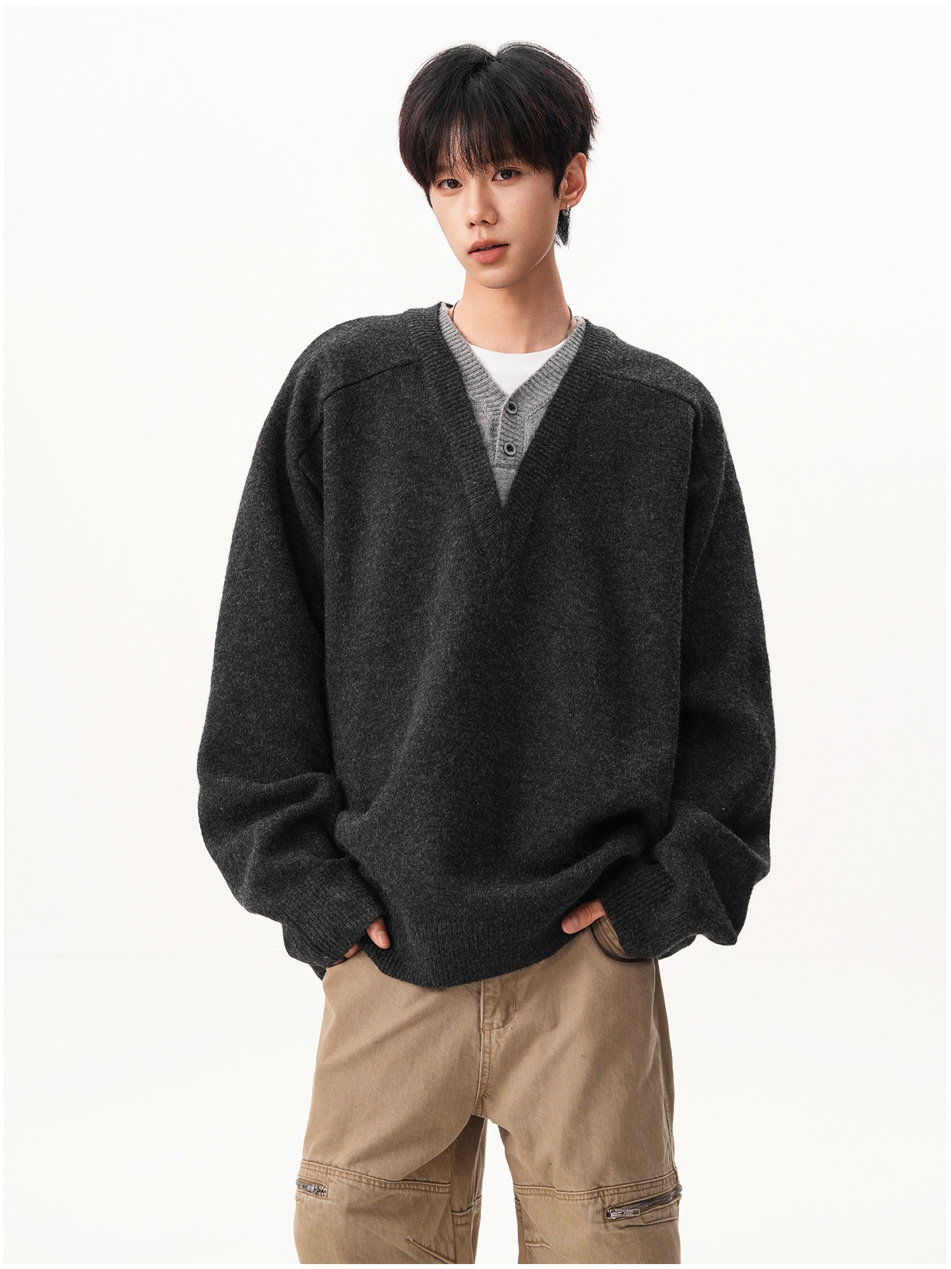 Pull-over deux pièces en maille à col en V pour homme, style rétro décontracté, manches longues, idéal pour l'automne et l'hiver._voghion.com