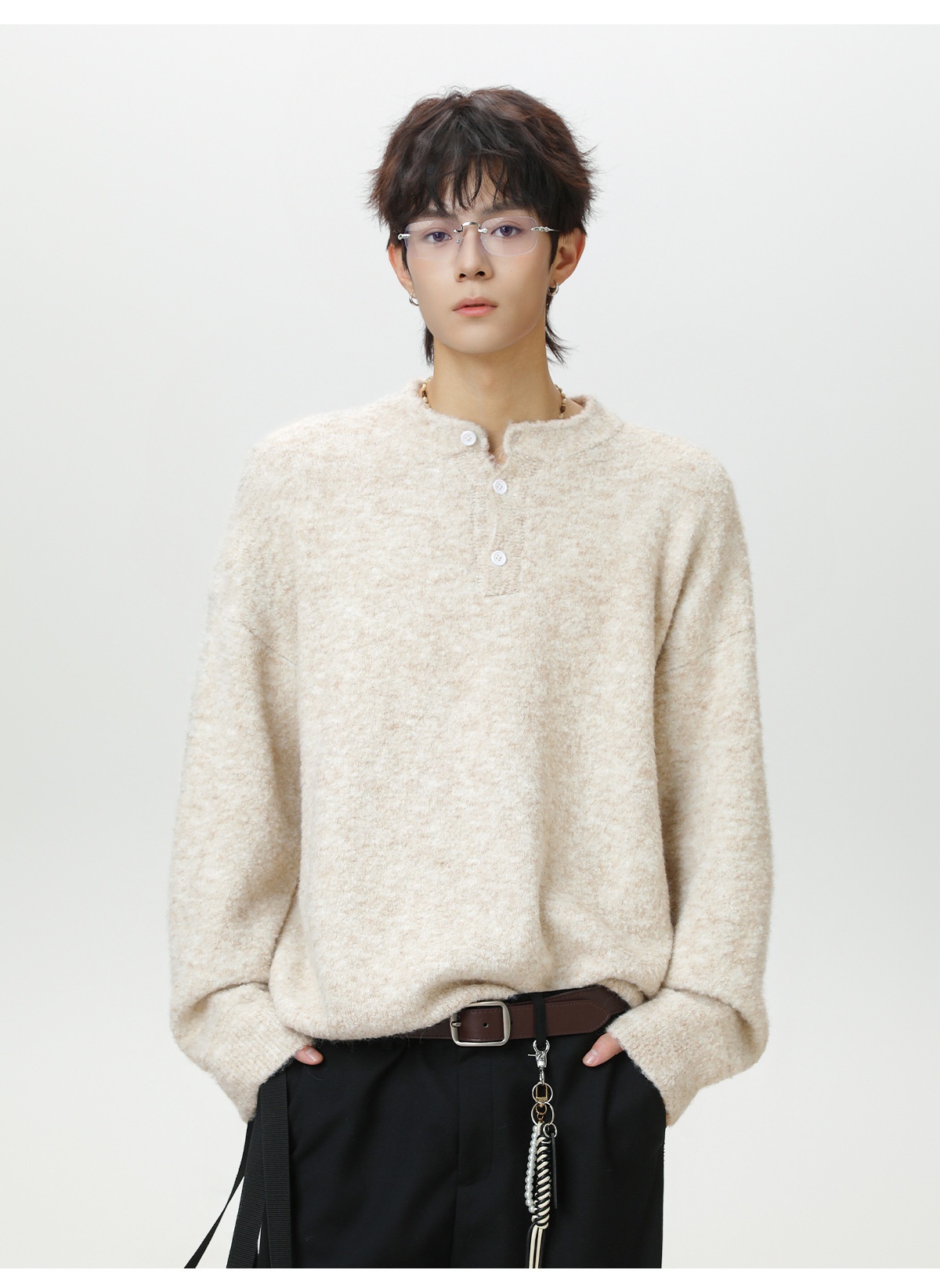 Pull polo en maille pour homme, style décontracté, coupe ample et chaude, idéal pour l'automne et l'hiver._voghion.com