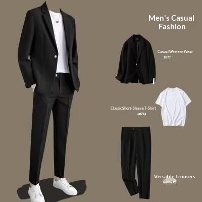 Jongens Heren Slim Fit Set Koreaanse Stijl Blazer Bruidegom Trouwpak Zakelijk Formeel Casual Nine-Tenths Broek_voghion.com