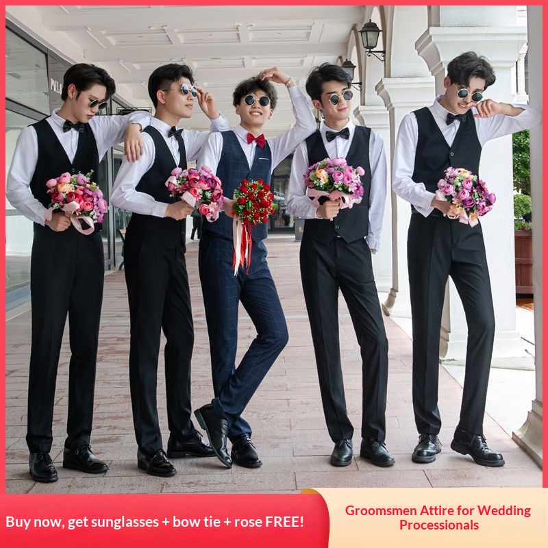 Ensemble trois pièces pour garçon d'honneur, tenue de cérémonie style western d'été : chemise, gilet et costume._voghion.com