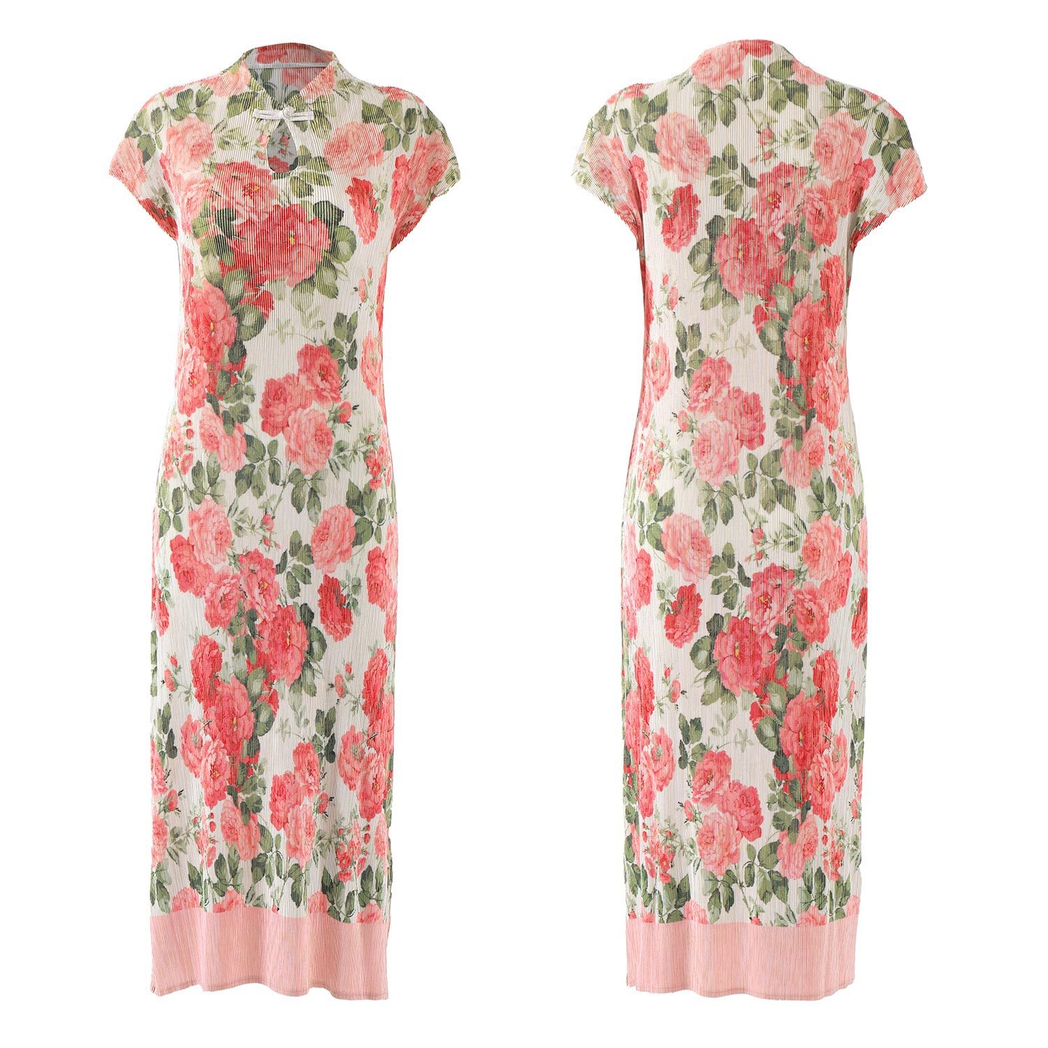 ChicShe ChicShe Chinese Style Pleated Printed Qipao For Women Summer New High-end Short Sleeve Waist-cinching Bodycon Long Dress_voghion.com