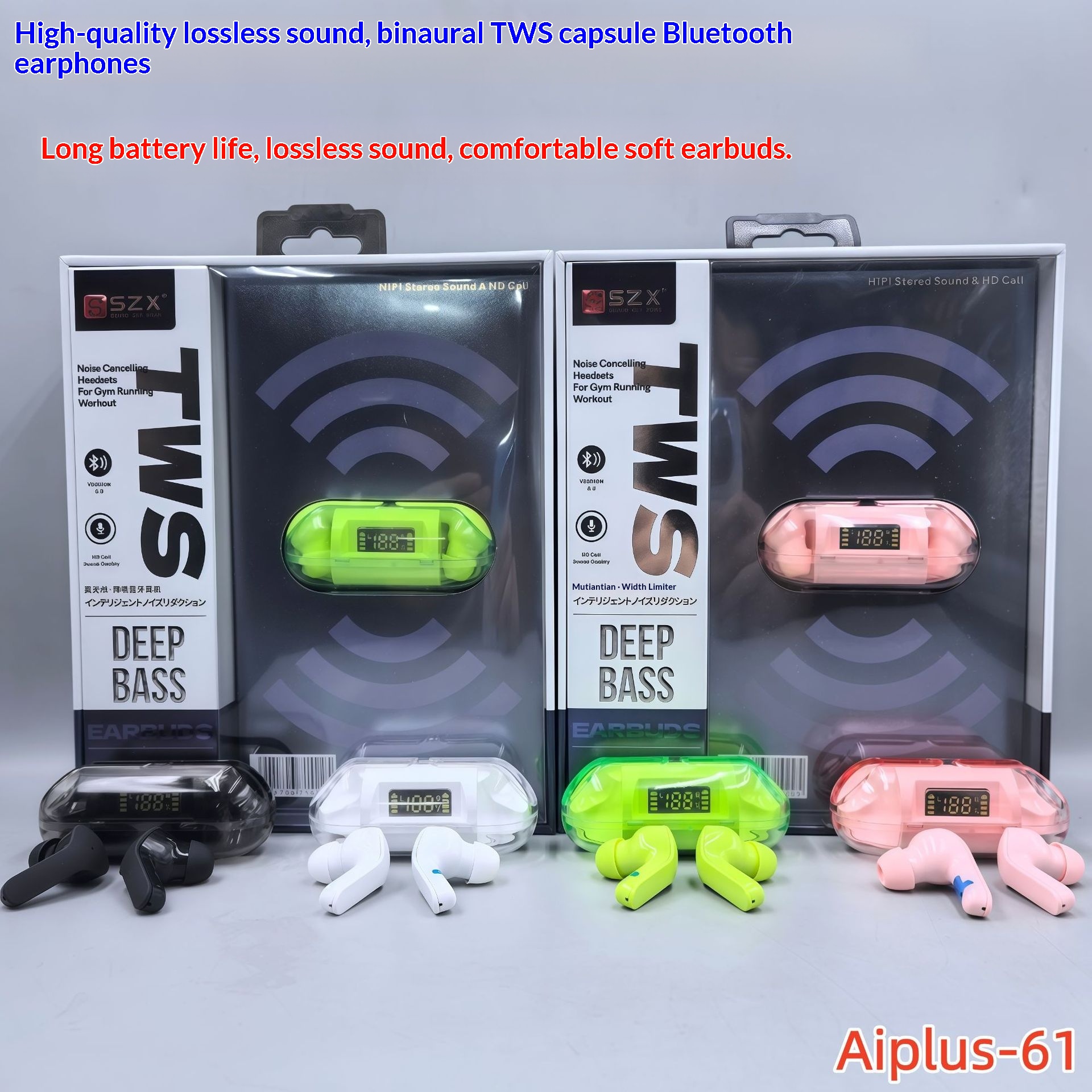 Écouteurs Bluetooth sans fil NeoGear LYZ AI61 de haute qualité avec coque transparente, commandes tactiles et affichage numérique. Design Macaron._voghion.com