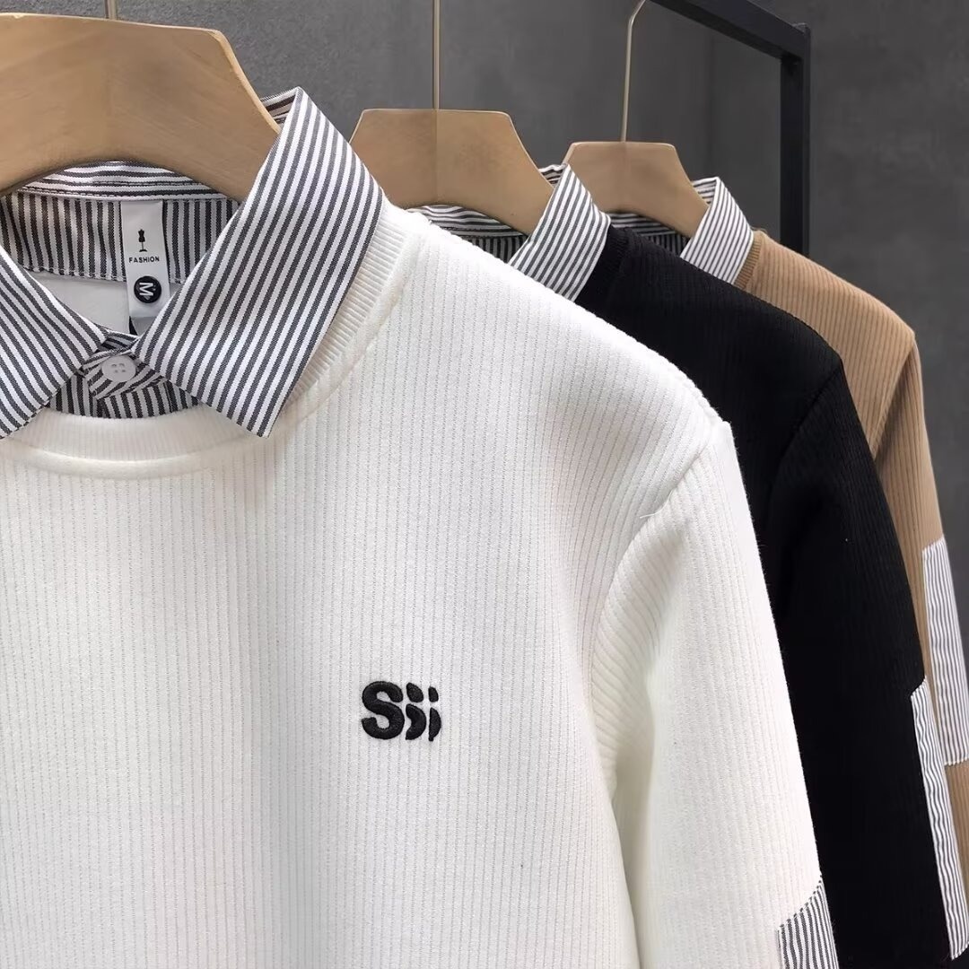 Junge, Herbstklassiker, schlicht, vielseitig, trendiges Herren-Zweiteiler-Shirt mit Streifen und Polokragen_voghion.com