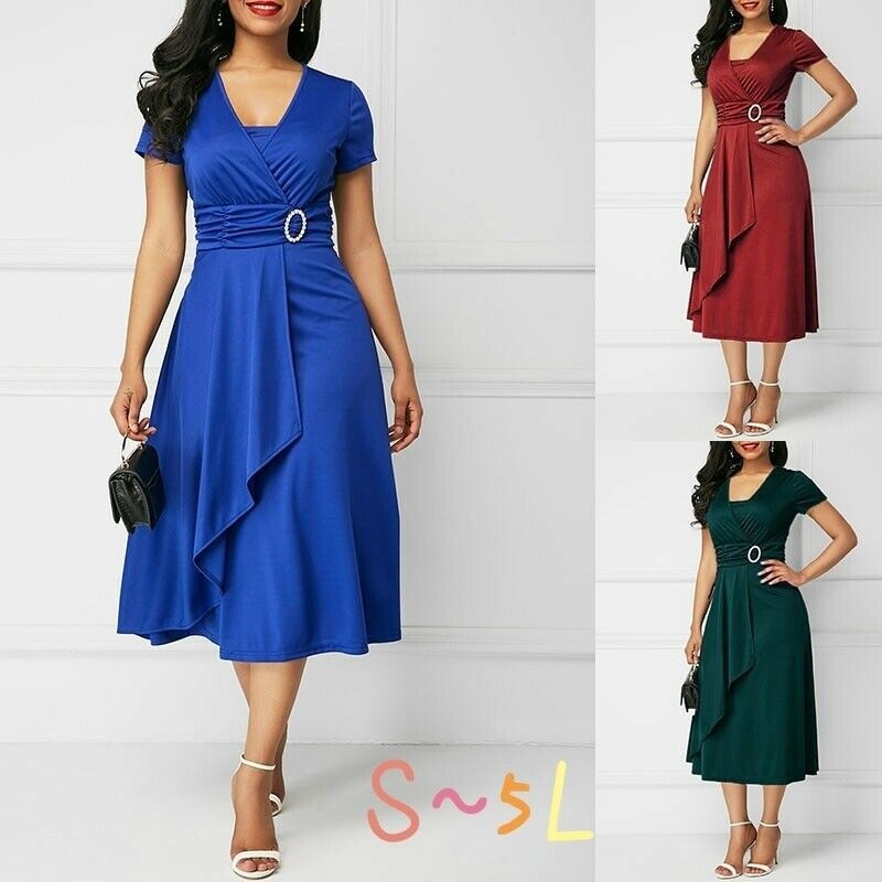 ChicShe Summer Sexy Asymmetric Flared V-neck Women's High Waist Mid-length Dress Solid Color Evening Gown_voghion.com