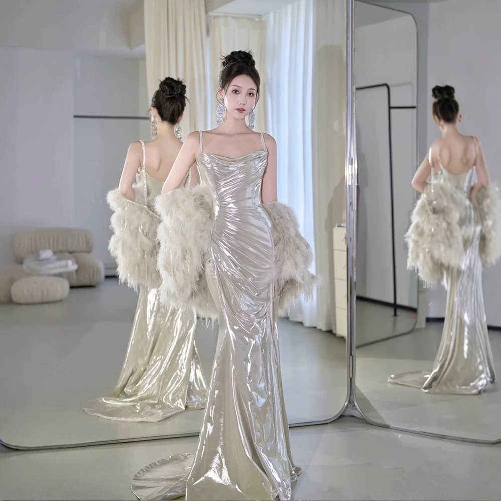 ChicShe ChicShe Light Gold Robe 2025 New Style High-End Feel Banquet Niche Birthday Strap Evening Dress_voghion.com