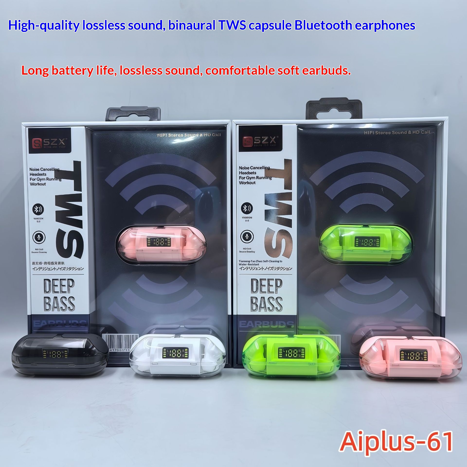 Écouteurs Bluetooth sans fil NeoGear LYZ AI61 de haute qualité avec coque transparente, commandes tactiles et affichage numérique. Design Macaron._voghion.com