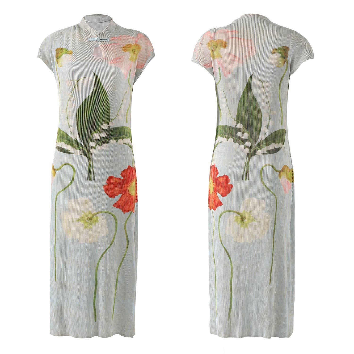 ChicShe ChicShe Chinese Style Pleated Printed Qipao For Women Summer New High-end Short Sleeve Waist-cinching Bodycon Long Dress_voghion.com