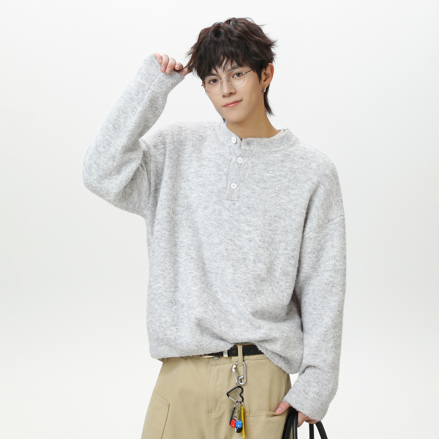 Pull polo en maille pour homme, style décontracté, coupe ample et chaude, idéal pour l'automne et l'hiver._voghion.com