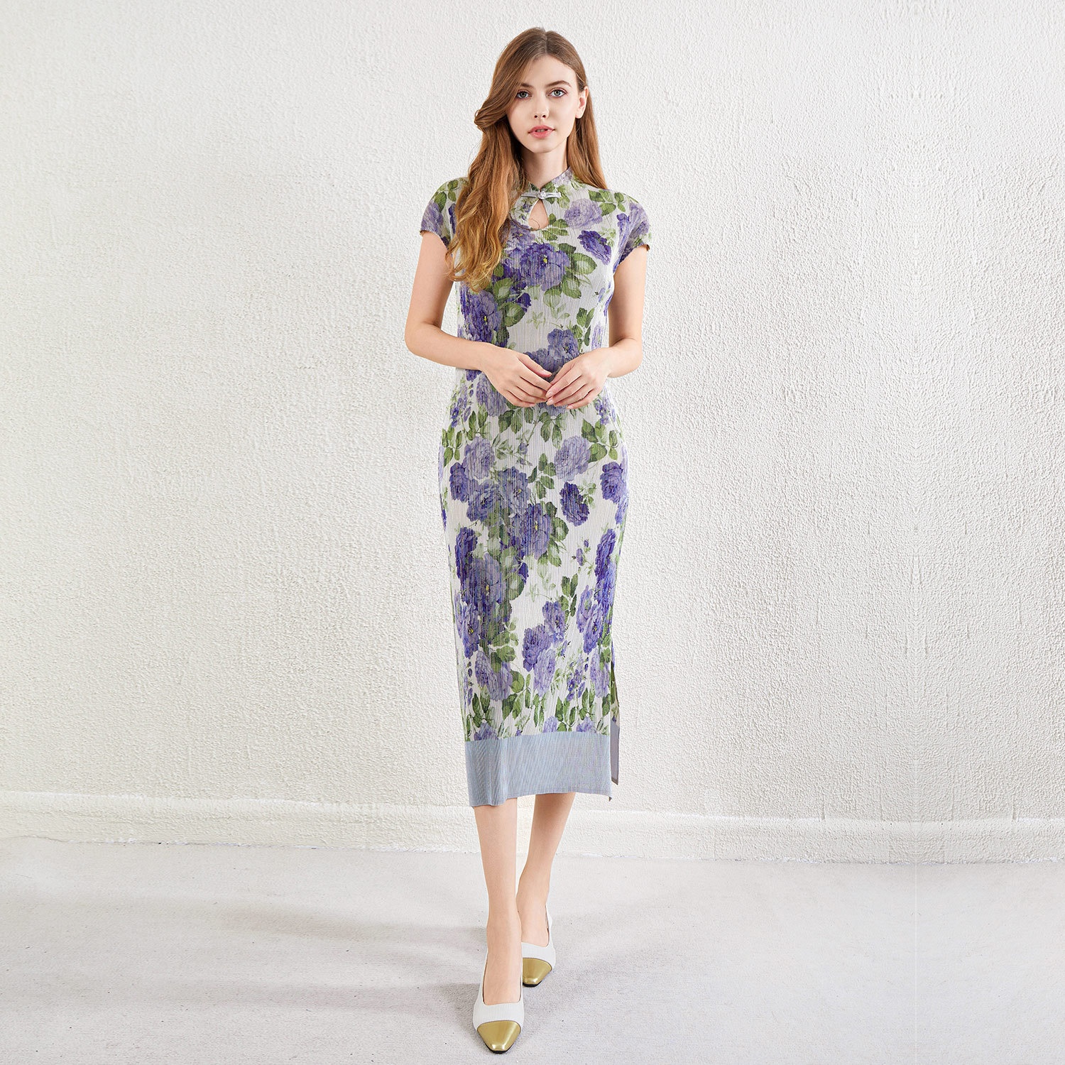 ChicShe ChicShe Chinese Style Pleated Printed Qipao For Women Summer New High-end Short Sleeve Waist-cinching Bodycon Long Dress_voghion.com